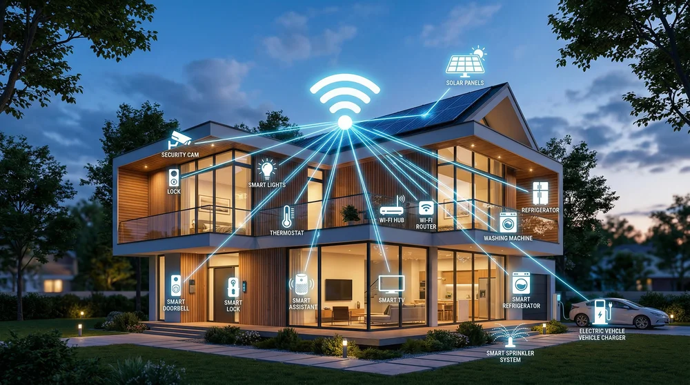 Casa inteligente conectada com ícones de tecnologia.