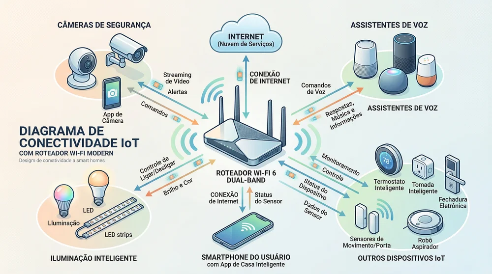 Infográfico de casa inteligente com roteador dual-band conectando diversos dispositivos IoT e smartphone.