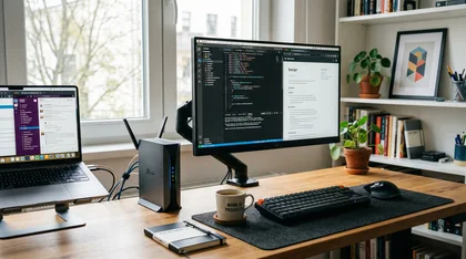 Estação de trabalho organizada com notebook, monitor grande exibindo código, teclado mecânico e roteador Wi-Fi sobre mesa de madeira.
