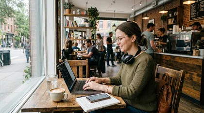 Mulher trabalhando no laptop em cafeteria moderna