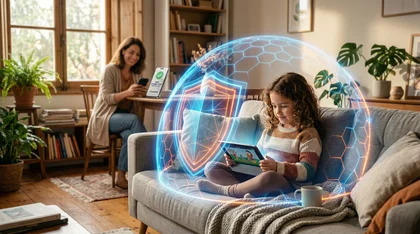 Criança usando tablet com proteção digital em casa