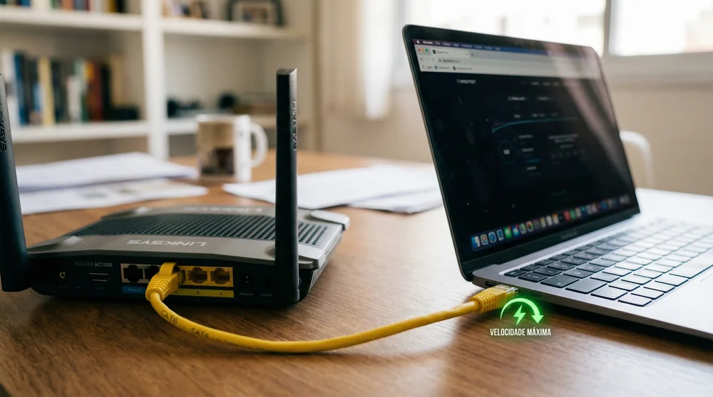 Roteador conectado a um notebook por cabo de rede amarelo, com ícone verde indicando velocidade máxima de internet.