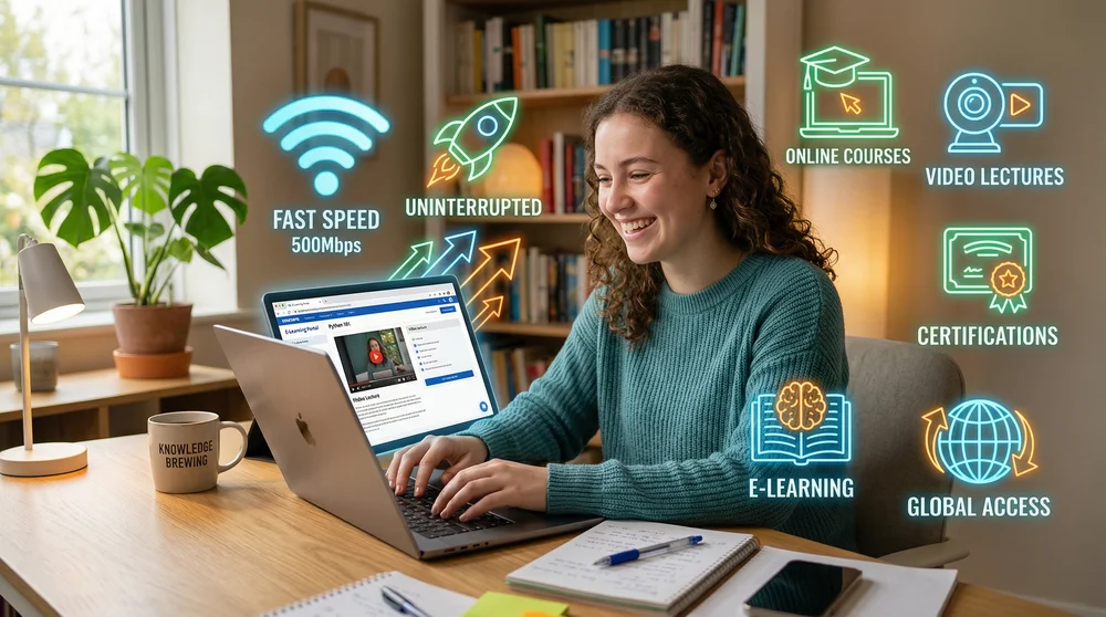 Estudante sorrindo ao usar notebook para e-learning, com ícones flutuantes de internet 500 Mega, cursos online e certificações.