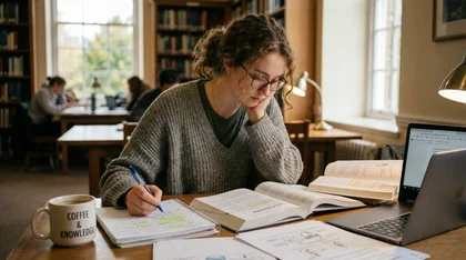 Estudante concentrada escrevendo em caderno em uma biblioteca, com livros abertos e notebook sobre a mesa.