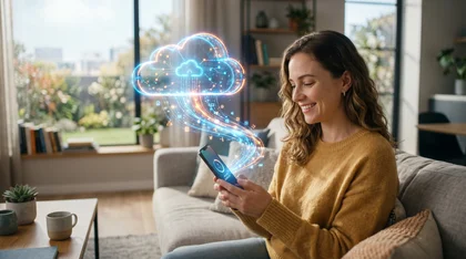 Mulher usando celular com ícone de nuvem digital