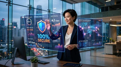 Executiva analisando painel digital de segurança de rede