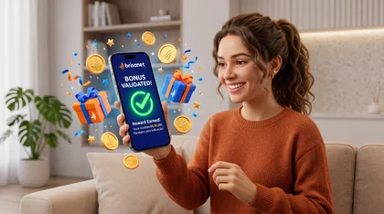 Mulher sorrindo vê bônus validado no celular com recompensas