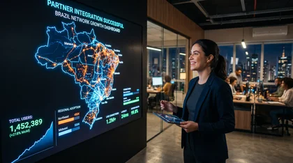 Profissional analisa painel digital com mapa do Brasil e dados de rede