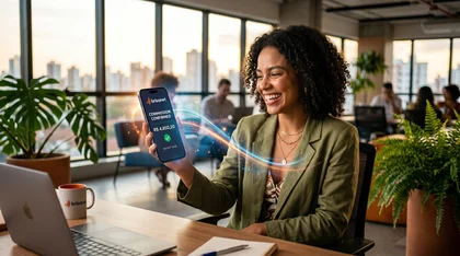 Mulher comemora comissão recebida no celular no escritório