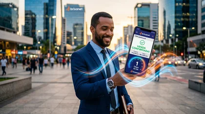 Homem de negócios sorridente em um cenário urbano ao entardecer, segurando um smartphone que exibe uma "VENDA CONFIRMADA" no dashboard de CRM da Brisanet, com elementos gráficos de conexão 5G de 1 Gbps e o logotipo da empresa ao fundo.