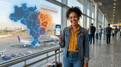 Mulher no aeroporto mostra celular com 5G e mapa do Brasil