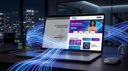 Notebook com site em manutenção e redirecionamento de portal