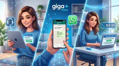 Ilustração estilo cartoon mostrando diferentes canais de atendimento da Giga+ Fibra, incluindo suporte via tablet, chat de WhatsApp no celular e atendimento por notebook com o número 103 53 em destaque.