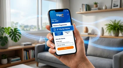 Mão segurando smartphone com o aplicativo da Giga+ Fibra aberto na opção de segunda via da fatura.