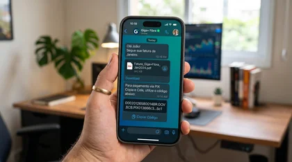 Celular exibindo fatura da Giga+ Fibra e código PIX no WhatsApp.