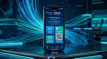 Celular com app da Giga+ Fibra para negociação de dívidas.