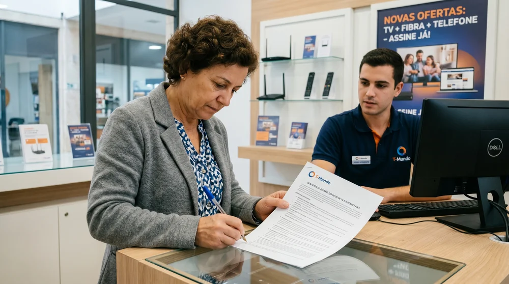 Mulher assina contrato de internet e TV em loja.