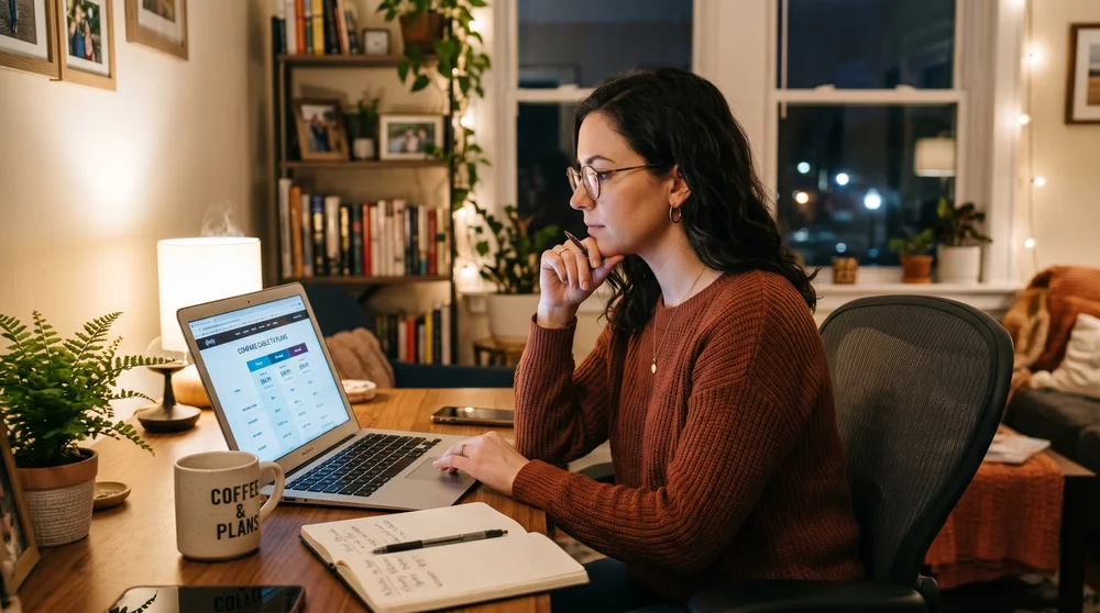 Mulher com óculos usando notebook para pesquisar planos de internet e TV em casa.