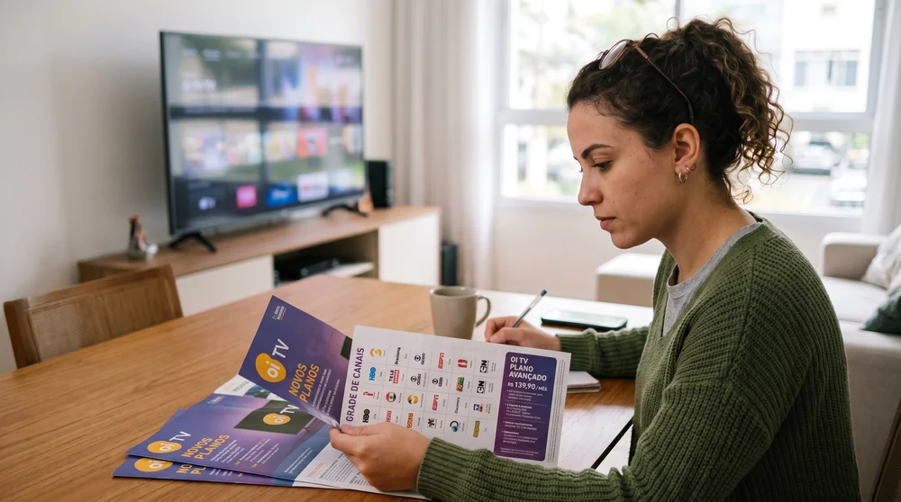 Mulher analisa folheto impresso com grade de canais dos novos planos Oi TV.