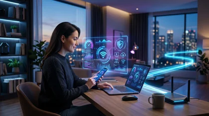 Mulher em home office gerenciando rede Wi-Fi por holograma e celular.