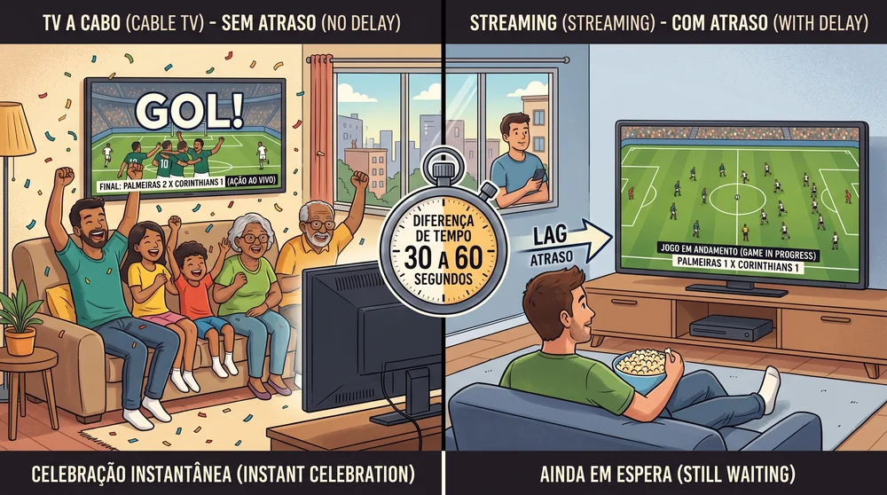 Infográfico comparando o atraso de transmissão de futebol entre TV a cabo e streaming.
