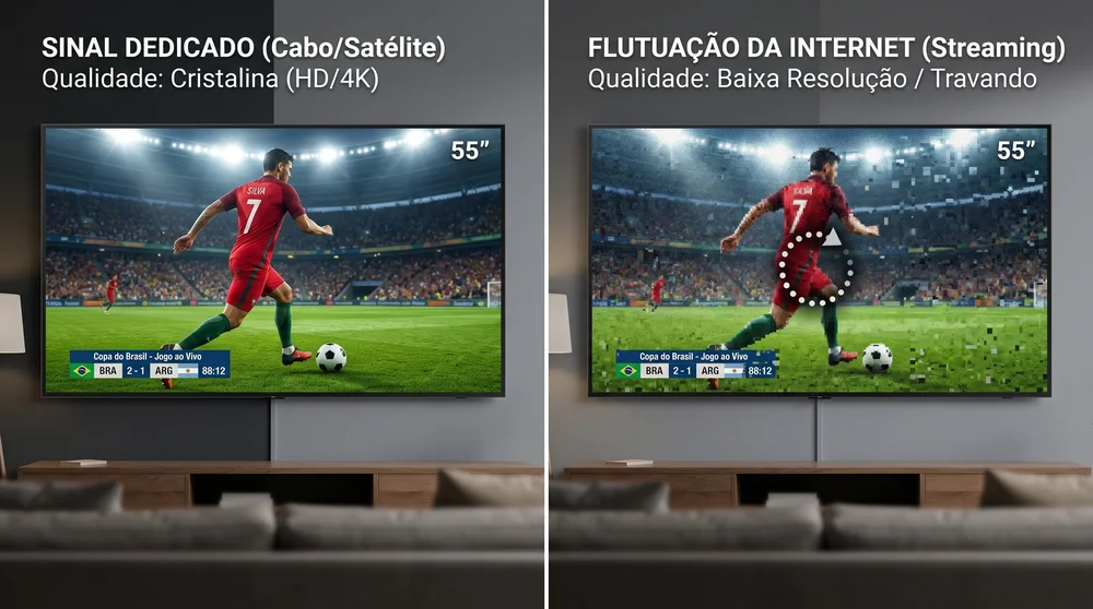 Comparativo de qualidade de imagem de futebol entre sinal dedicado e streaming travando.