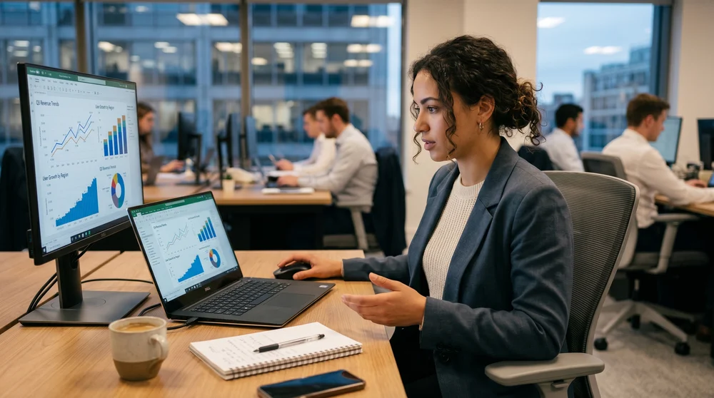 Mulher trabalhando com notebook e monitor em escritório corporativo.