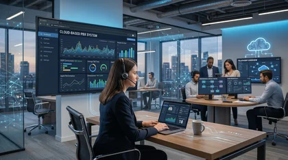 Equipe em escritório moderno monitorando métricas de sistema de PABX em nuvem.