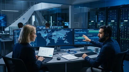 Profissionais em um centro de controle monitorando tráfego de rede global em telas.