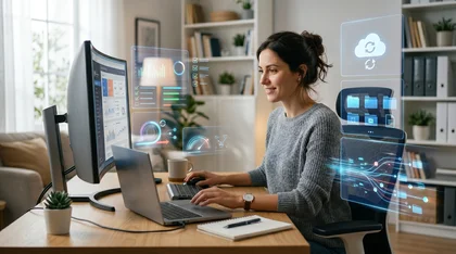 Mulher trabalha em home office com telas e gráficos digitais.