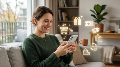 Mulher sorri ao usar celular com ícones de compras online.