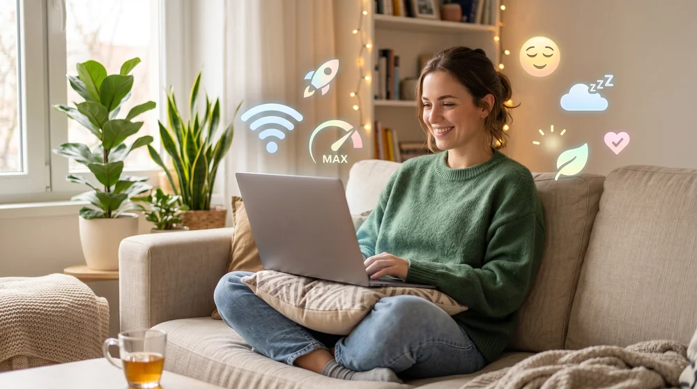 Mulher sorrindo sentada no sofá com notebook e ícones flutuantes de Wi-Fi, velocidade máxima e bem-estar.