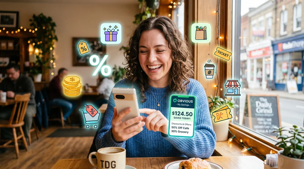 Mulher sorrindo em cafeteria usa celular com tela do app Obvious e ícones flutuantes de descontos e compras.
