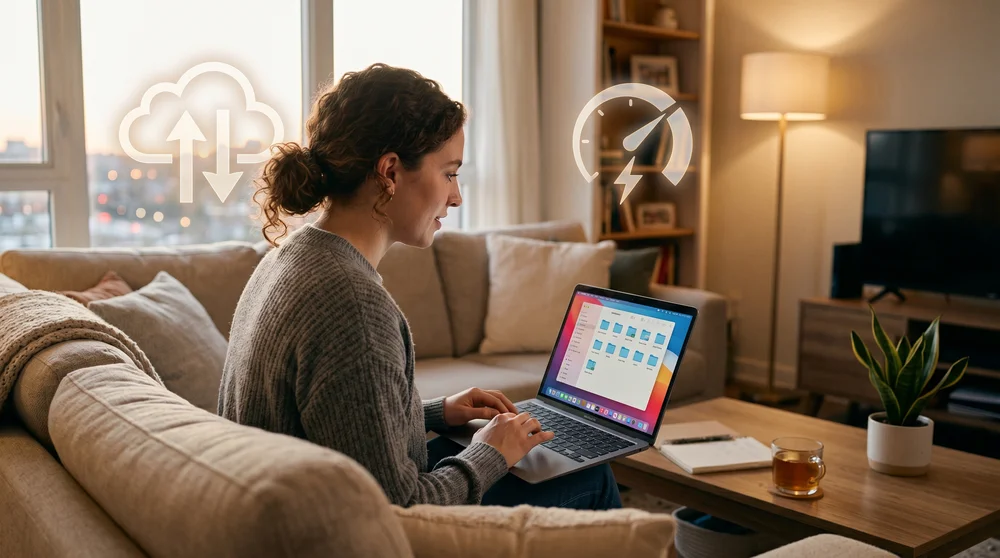 Mulher sentada no sofá usa notebook para organizar pastas digitais, com ícones flutuantes de nuvem e velocímetro.