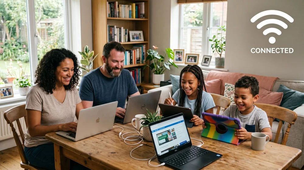Família sorrindo reunida ao redor da mesa usa notebooks e tablets, com ícone de Wi-Fi e a palavra Connected na parede.
