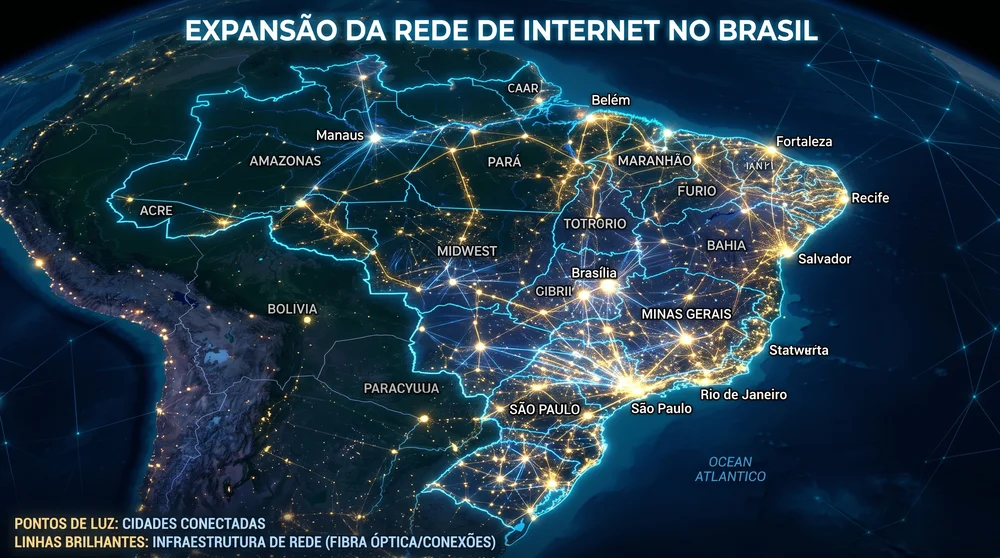 Mapa digital do Brasil com linhas brilhantes e pontos de luz ilustrando a expansão da rede de internet e fibra óptica.