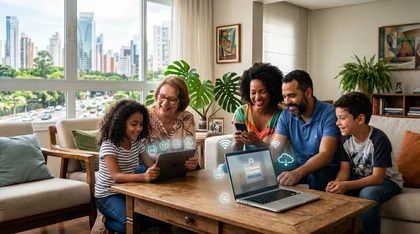 Família multigeracional sorrindo na sala usa celular, tablet e notebook, rodeados por ícones flutuantes de conectividade e nuvem.