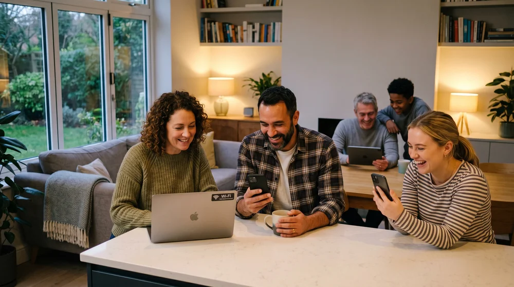 Grupo de pessoas reunidas na cozinha e na sala sorriem enquanto usam notebook, celulares e tablet conectados à internet.
