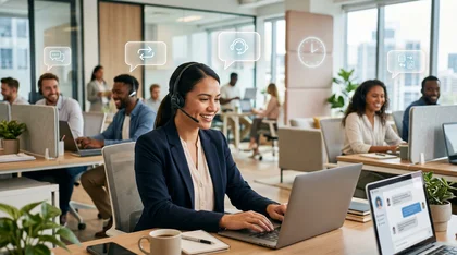 Atendente de telemarketing sorrindo em escritório moderno usa headset e notebook com ícones de atendimento flutuantes.