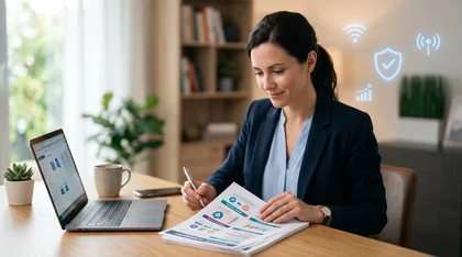 Mulher de terno analisa documentos em mesa com notebook, com ícones flutuantes de Wi-Fi, escudo de segurança e gráficos.