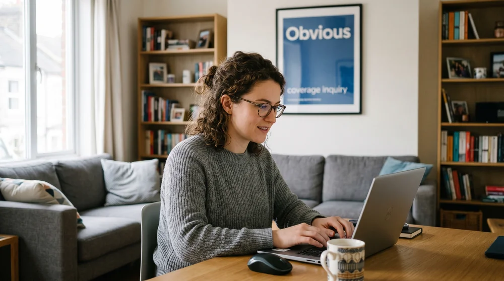 Mulher de óculos usando notebook em mesa de sala com quadro Obvious ao fundo.