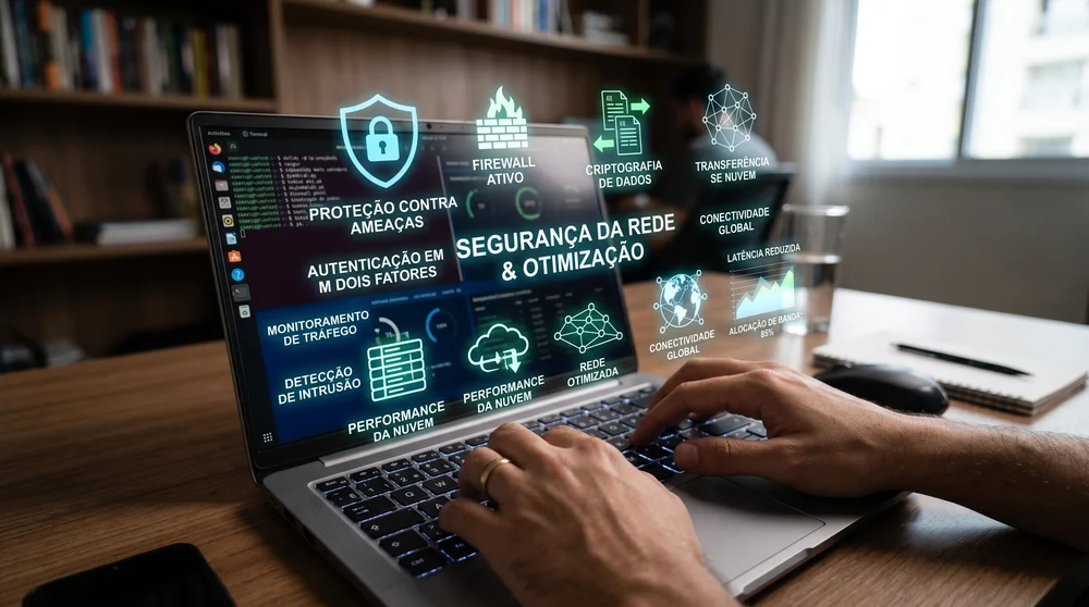 Mãos digitando em notebook com hologramas de segurança de rede e otimização.