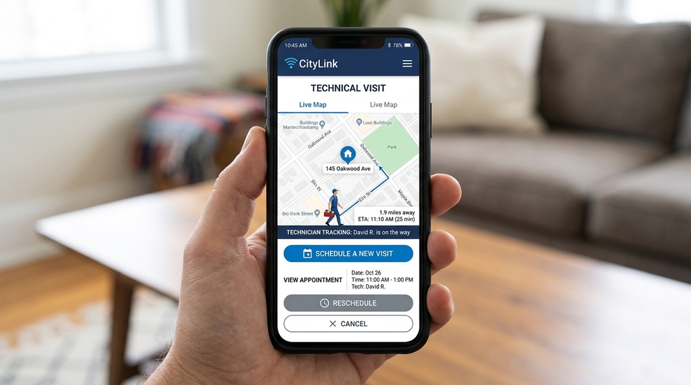 Mão segurando smartphone que exibe aplicativo com mapa de rastreamento em tempo real de uma visita técnica residencial.