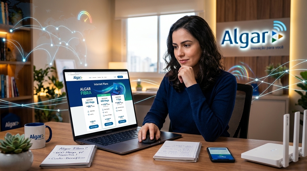 Mulher no notebook comparando planos de internet residencial Algar Fibra de 300 Mega, 600 Mega e 1 Giga em uma mesa de escritório.