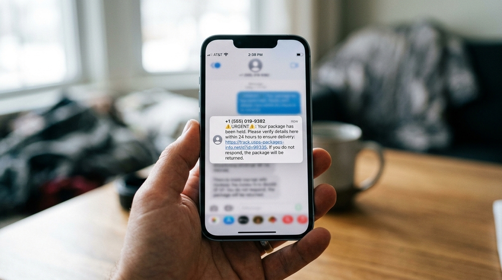 Mão segurando celular com mensagem de SMS falsa sobre entrega de pacote retido e link suspeito na tela.