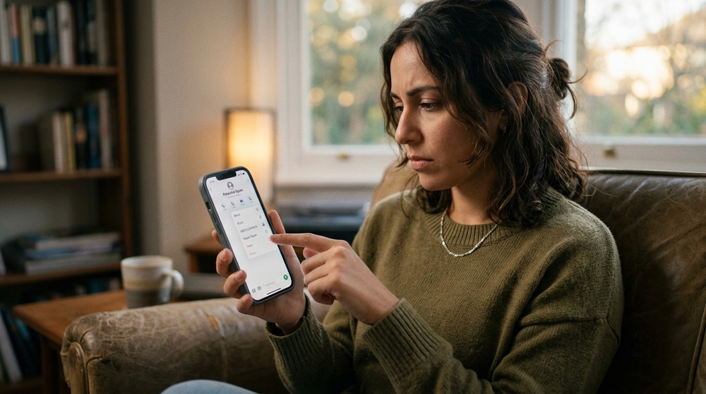 Mulher no sofá usando celular para denunciar e bloquear contato suspeito ou chamada de spam.