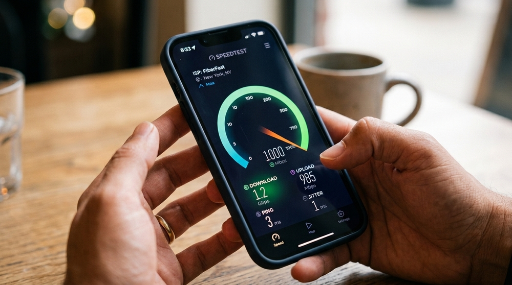 Mãos segurando smartphone que exibe teste de velocidade com 1.2 Gbps de download e 985 Mbps de upload.
