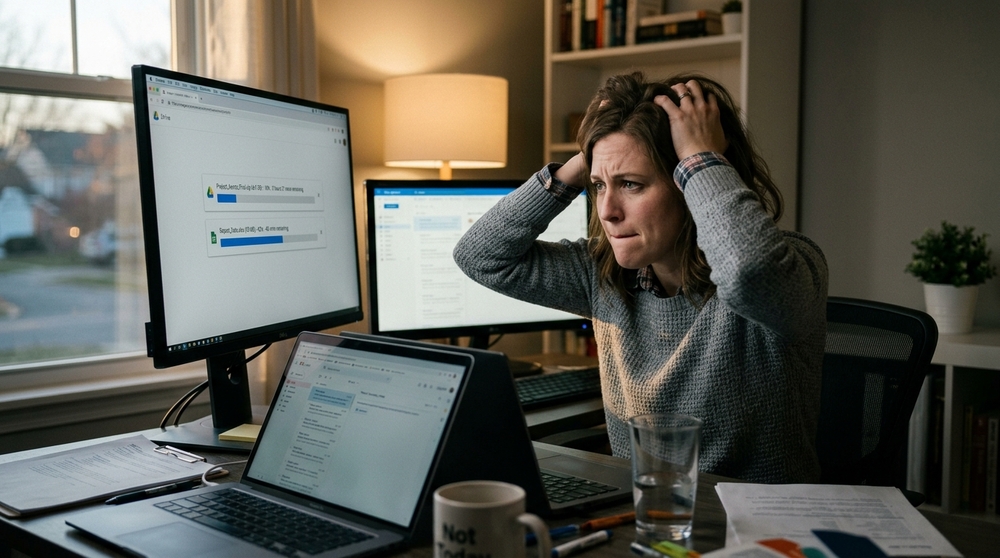 Mulher estressada com as mãos na cabeça esperando barra de download lento carregar na tela do computador de mesa.
