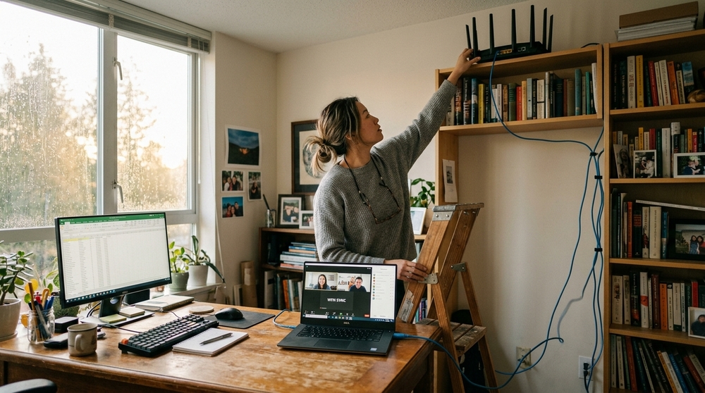 Mulher ajusta roteador Wi-Fi no alto de estante de livros.