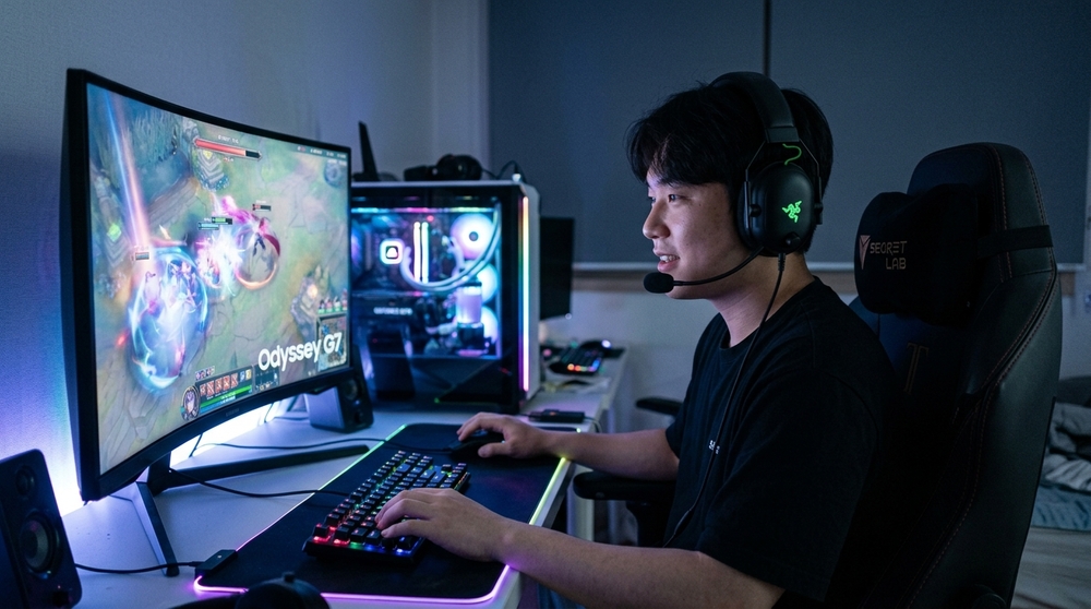Gamer jogando em monitor curvo com headset Razer.